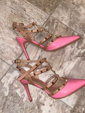Catherine Malandrino Pink Patent Pointed-Toe Studded Strappy Heels